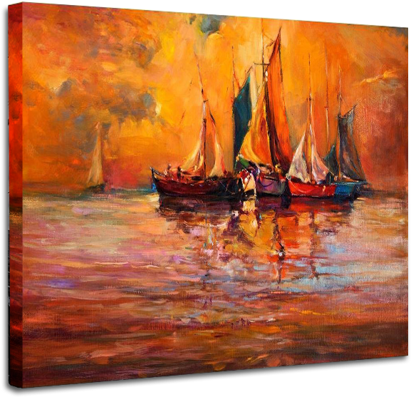 Boat And Jetty At Sunset Over Ocean Canvas - Design Art 'boats And Ocean In Red' Painting Print (800x600), Png Download