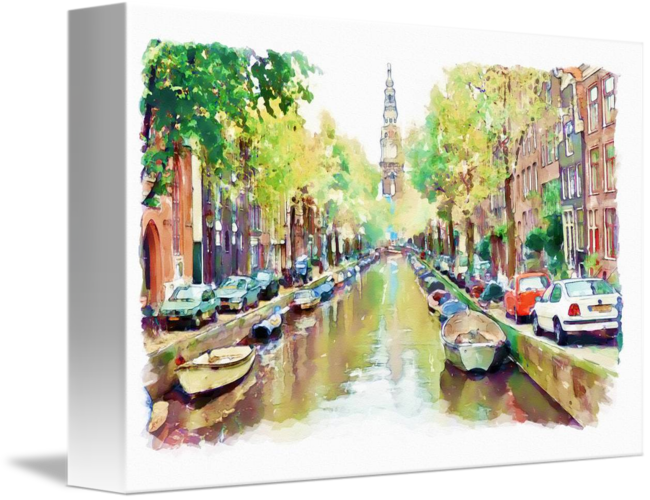 "amsterdam Canal " By Marian Voicu, Bucharest // Watercolor - Canvas (650x500), Png Download