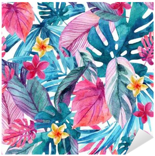 Watercolor Exotic Leaves And Flowers Background - Watercolor Tropical Background Exotc (400x400), Png Download