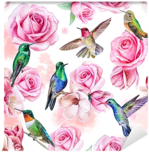 Roses, Magnolia, Birds Of The Hummingbird - Tapeta W Kwiaty I Ptaki (400x400), Png Download