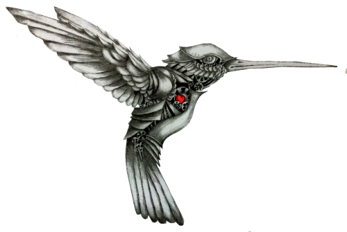 Grey Mechanical Hummingbird With Red Heart Tattoo Design - Mechanical Hummingbird Tattoo (500x335), Png Download