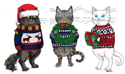 13 Christmas Cats From Etsy - Christmas Cat Cartoon (540x238), Png Download