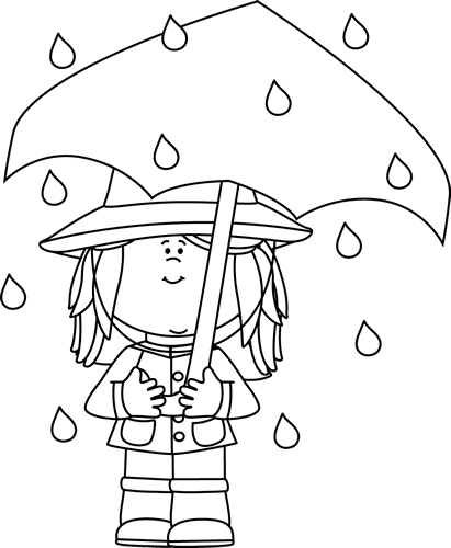Black And White Girl Standing In The Rain Clip Art - Rain And Umbrella Black And White Clipart (411x500), Png Download