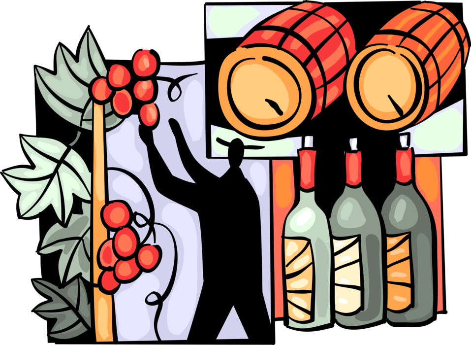 Vector Illustration Of Wine Barrel Cask With Harvested (957x700), Png Download