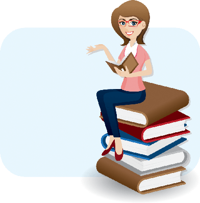 Cartoon Woman Reading Book On Stack Of Books - Women Reading Books Cartoon (392x399), Png Download