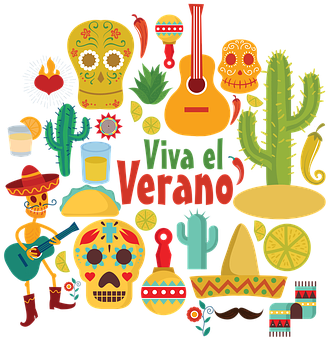 Mexico Guitar Cactus Desert Skulls Santa M - Tudo Sobre O México (373x340), Png Download