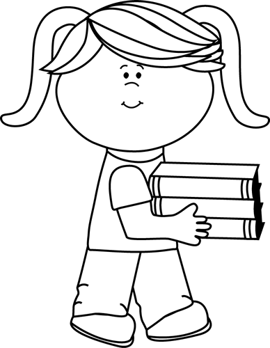 Black And White Little Girl Carrying A Stack Of Books - Black And White Girl Clipart School (388x500), Png Download