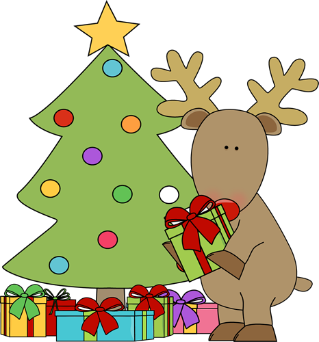 Reindeer Putting Presents Under The Tree - Reindeer Tree Clip Art (466x500), Png Download