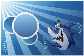 Template With Funny Cartoon Blue Shark Swimming In - Cartoon (400x400), Png Download