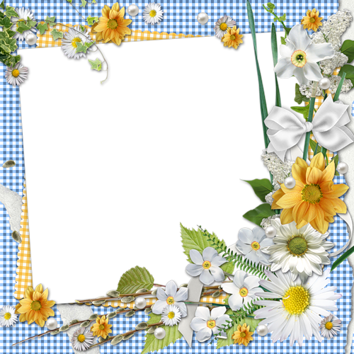 Spring Flower Corner On Blue Gingham Border Page Borders, - Cadre Et Fleurs Png (500x500), Png Download