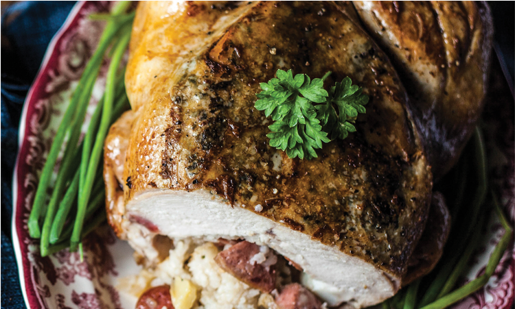 Roasted Chicken With Chorizo And Bread Stuffing With - Turducken (1200x450), Png Download