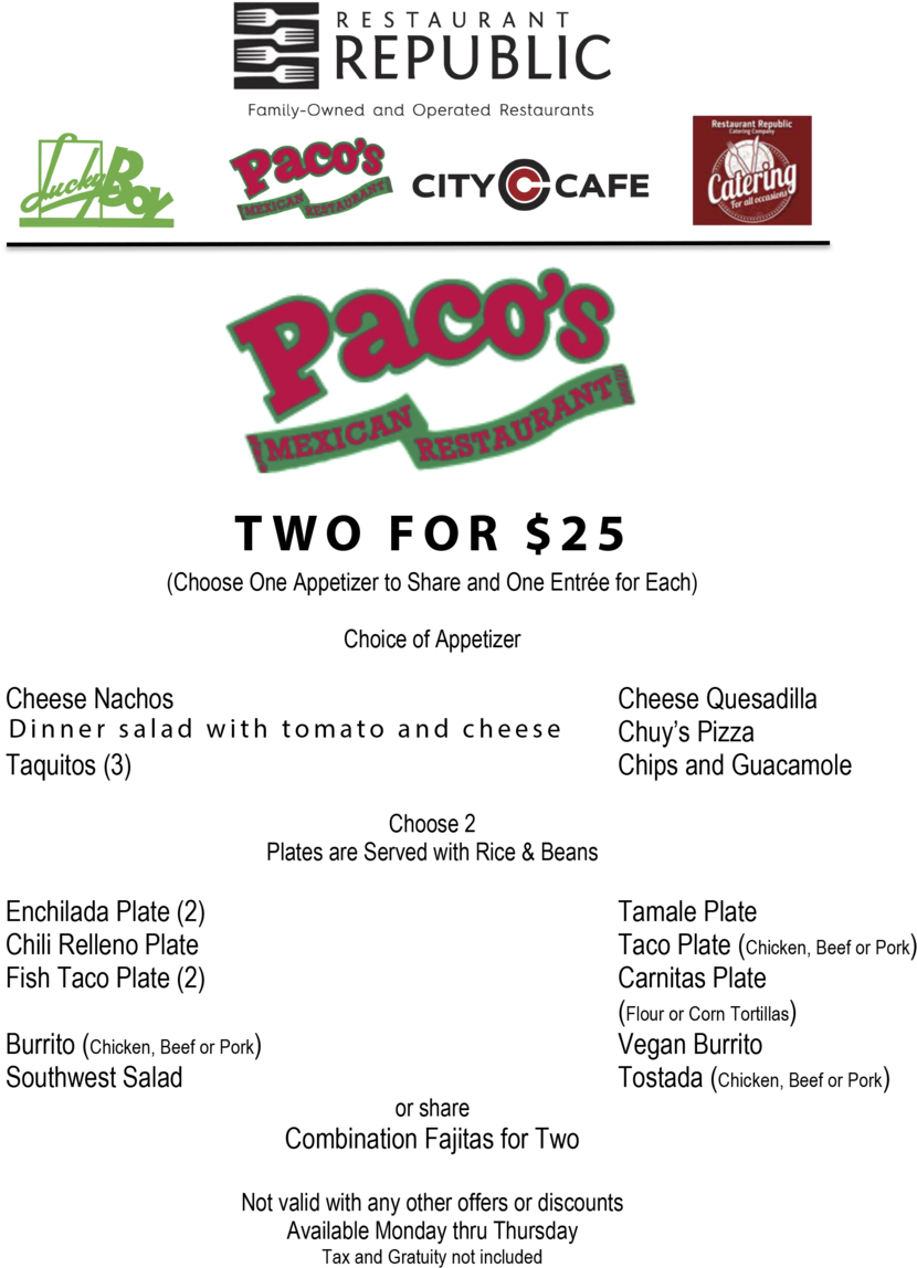 Pacos 2for25menu - City Cafe (1000x1197), Png Download