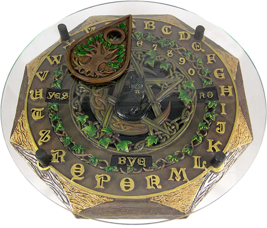 The Board Features Green Ivy, A Black Cat, Pentagram - Zeckos Black Cat Crescent Moon Pentacle Glass Top Ouija (539x461), Png Download