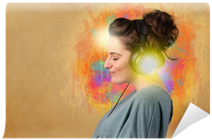 Young Woman With Headphones Listening To Music Wall - Music (400x400), Png Download