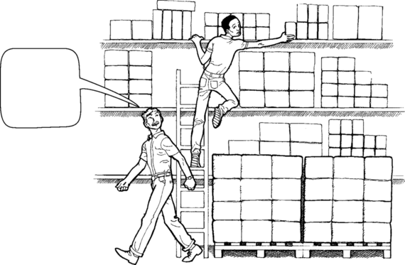 A Man Speaking To A Worker On A Ladder Who Is Reaching - Man (570x373), Png Download