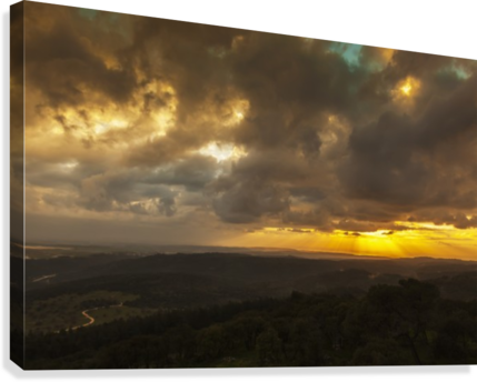 Golden Sunset With Glowing Clouds And Silhouetted Landscape - Printscapes Wall Art: 36" X 24" Canvas Print With Black (429x344), Png Download