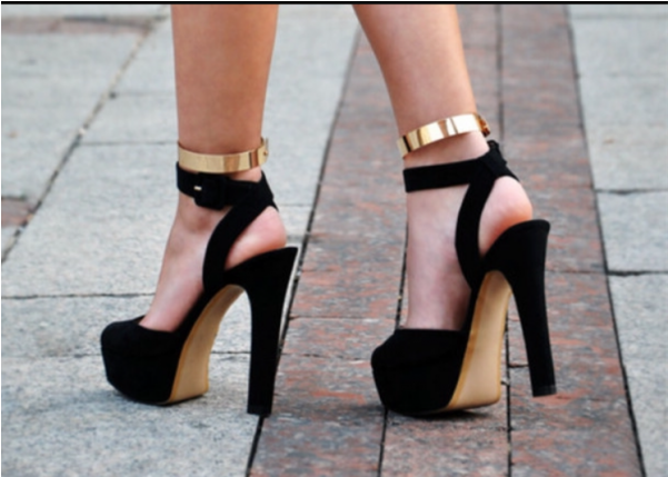 Black And Gold Ankle Strap Sandals Platform Chunky - Chunky Gold Platform Heels (600x600), Png Download