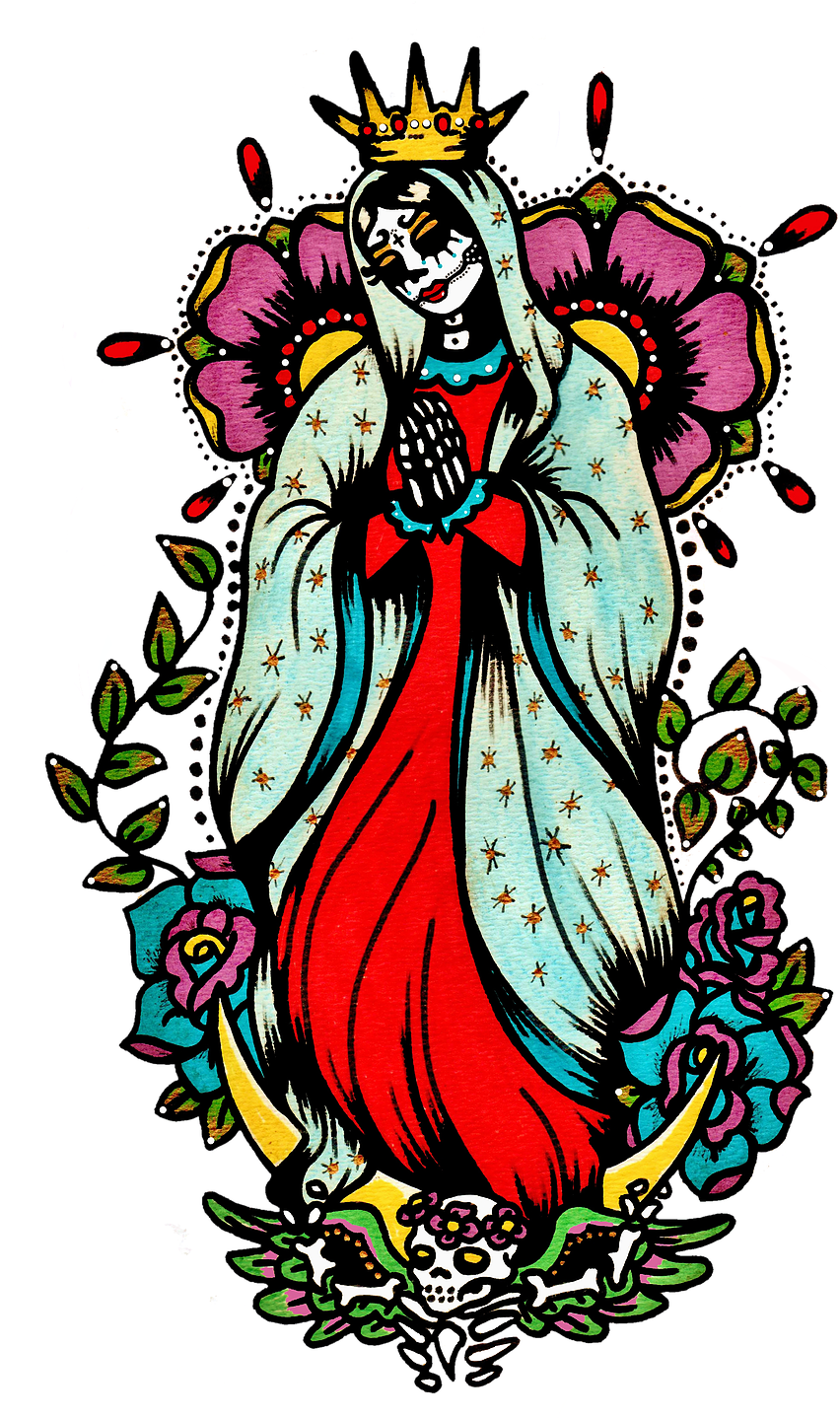 Day Of The Dead Art Virgin Mary Tattoo - Illustrated Ink (942x1443), Png Download