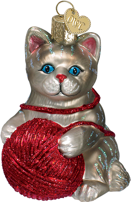 Grey Kitten Ornament With Ball Of Yarn - Old World Christmas Playful Kitten Glass Blown Ornament, (1000x1000), Png Download
