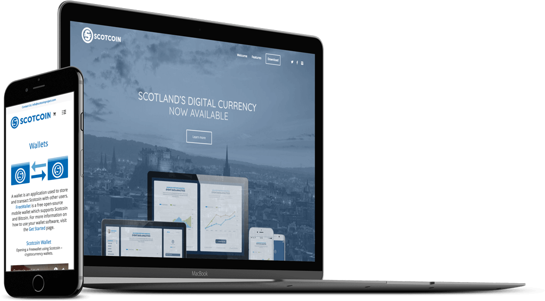 Scotcoin Website Mockup On A Laptop And A Mobile Device - Laptop (1500x720), Png Download