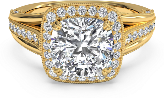 Designer Halo Cushion Cut Engagement Ring With Milgrain - Beautiful Diamond Ring Gold (640x430), Png Download