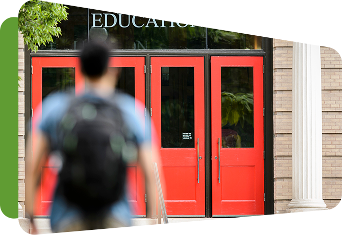 Student Walking Up To Education Building Doors - Education (670x460), Png Download