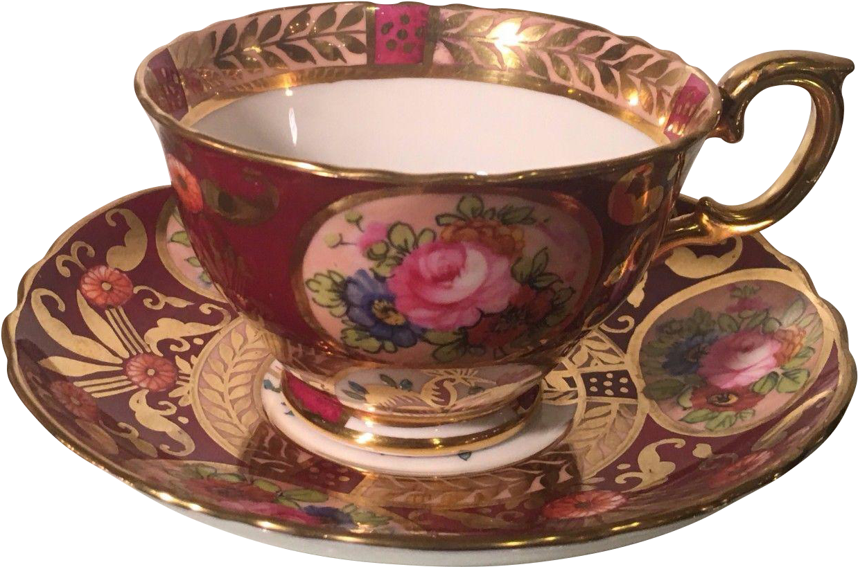 Vintage Crown Staffordshire Cobalt Red & Gold Floral - Teacup (1237x1237), Png Download