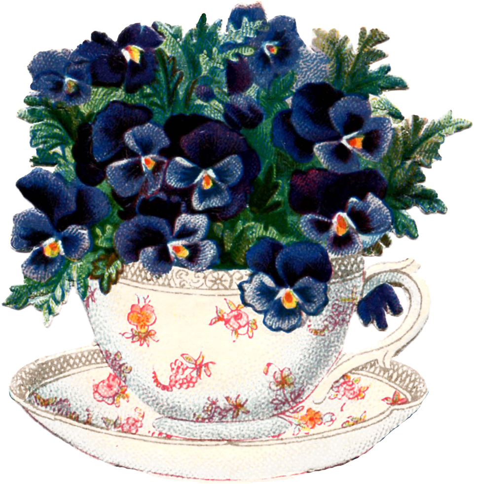 Teacup Pansy Vintage Image Graphics Fairy - Pansies In Tea Cup (1000x1042), Png Download