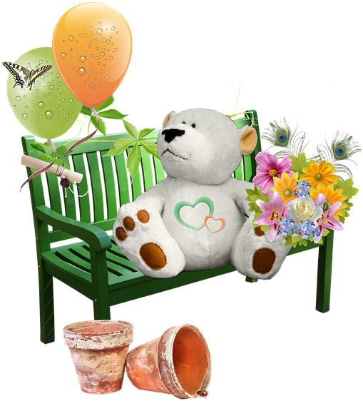 Cluster, Teddy, Bank, Garden Bench, Flowers, Ballons - Teddy Bear (720x720), Png Download