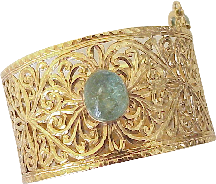 18k Gold Wide Filigree Bangle Bracelet Emerald Cabochon (692x692), Png Download