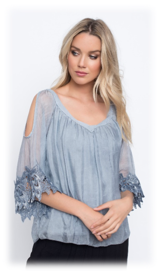 Cold Shoulder Silk Blouse W/ Flower Lace - Lace (316x539), Png Download