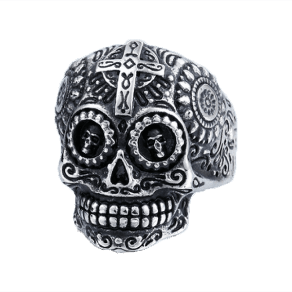 Gothic Carved Mens Skull Biker Ring Rear Tone - Gemsassist Skull Ring Gold Silver Cross Biker Rock (600x600), Png Download