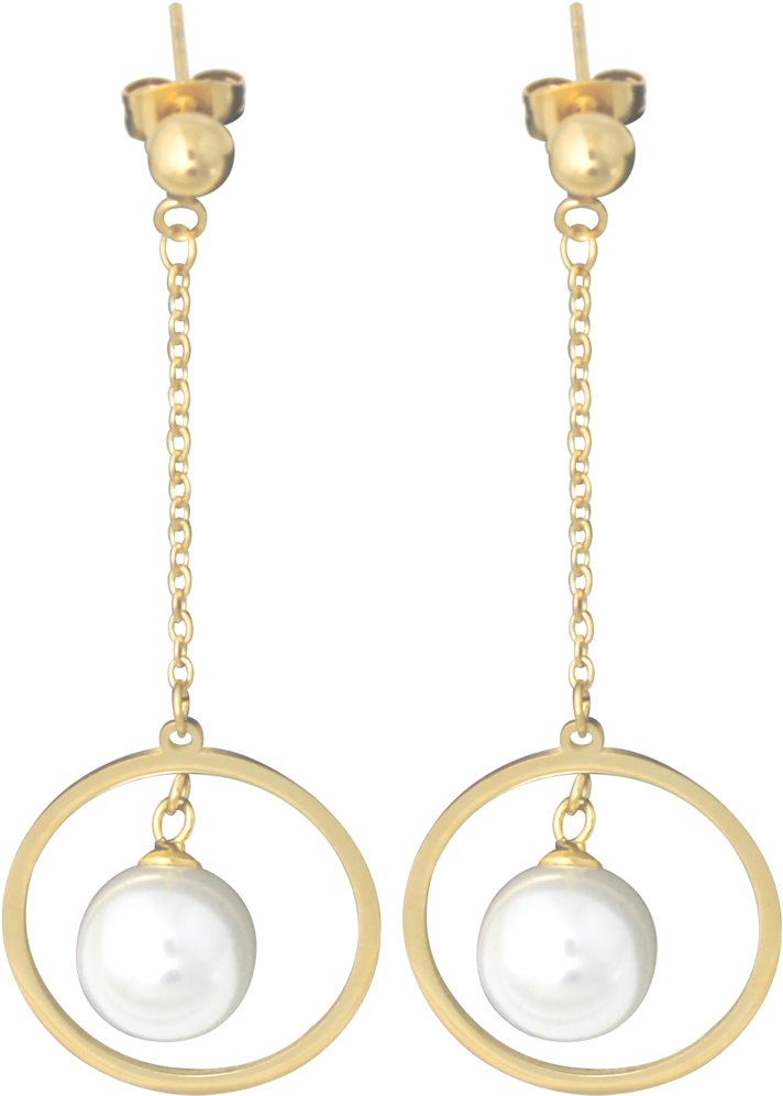 Aretes Dorado Largo Con Circulo Dorado Y Perla Blanca - Earring (735x1024), Png Download