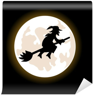 A Cartoon Witch Flying On A Broomstick Wall Mural • - Witch Flying Across Night Sky (400x400), Png Download