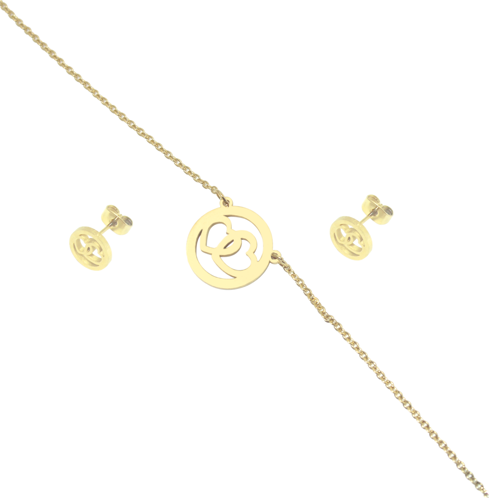 Juego Collar Y Aretes Dorado Circulo Con Corazones - Game (1005x1024), Png Download