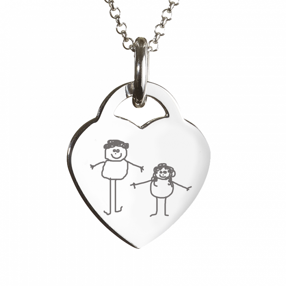 Personalised Necklace - Engraved Childrens Drawing Heart Necklace (990x990), Png Download