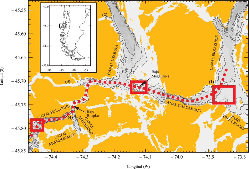 Línea Punteada Indica La Unión De Canales Pulluche - Bathymetry (796x542), Png Download