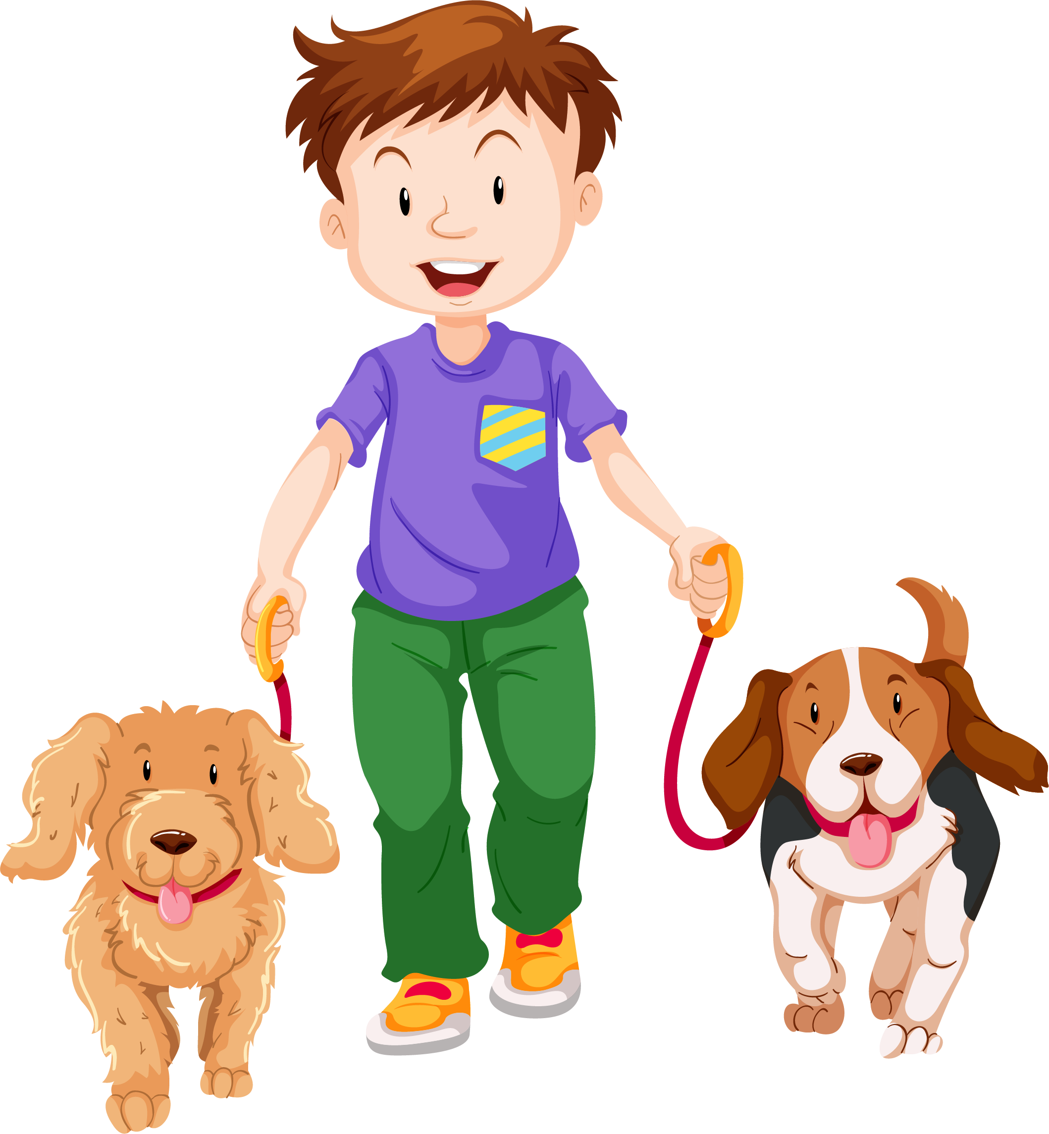 Walking Boy Cartoon - Boy With Dogs Clipart (2118x2290), Png Download