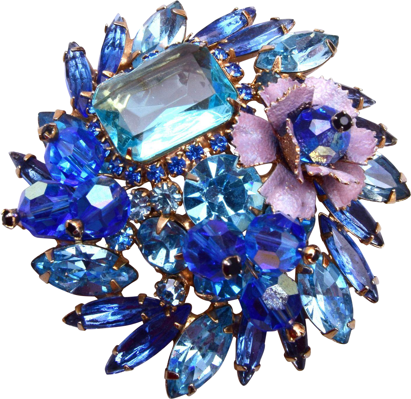 D&e Blue Crystal, Rhinestone And Enameled Flower Brooch - Crystal (1407x1407), Png Download
