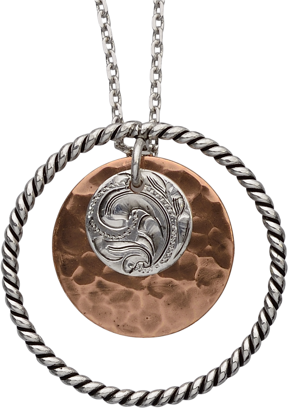 Hand Twisted Rope Circle W/ Engraved Silver And Hammered - Bar V Western Womens Necklace Engraved Hammered Disc (1047x1447), Png Download