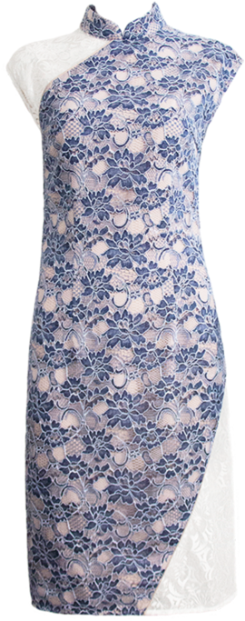 Yu Light Denim Blue Lace-panel Cheongsam - Blue (685x1024), Png Download