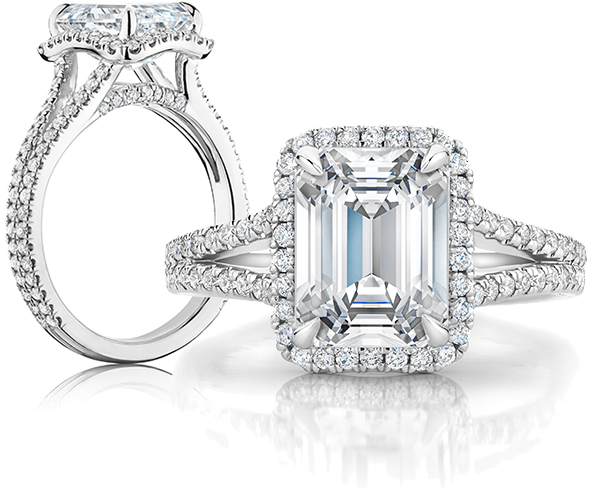 Choose A Setting - Emerald Cut Fortuna Halo Diamond Engagement Ring - (590x488), Png Download