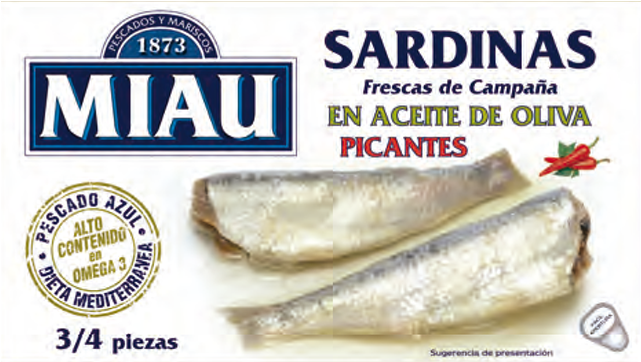 Sardines In Olive Spicy - Sardinas Miau (640x457), Png Download