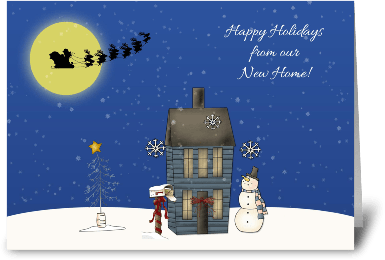 Snow Scene, Christmas Greeting New Home Greeting Card - Santa And His Reindeer Bib (848x698), Png Download