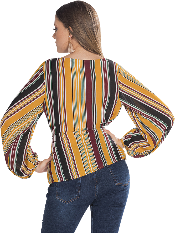 Blusa M/l Rayas Liston Cintura Negro - Blouse (700x1050), Png Download