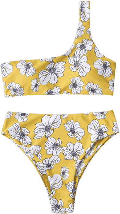 Brown S Shoulder One Bikini Waisted High Golden Flower - Bikini (558x744), Png Download