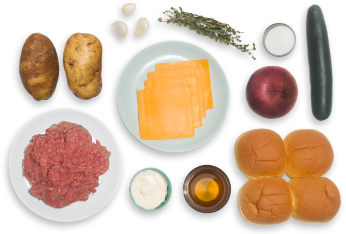 Cheddar Cheeseburgers With Quick Pickles & Thyme-roasted - Cheeseburger (700x477), Png Download