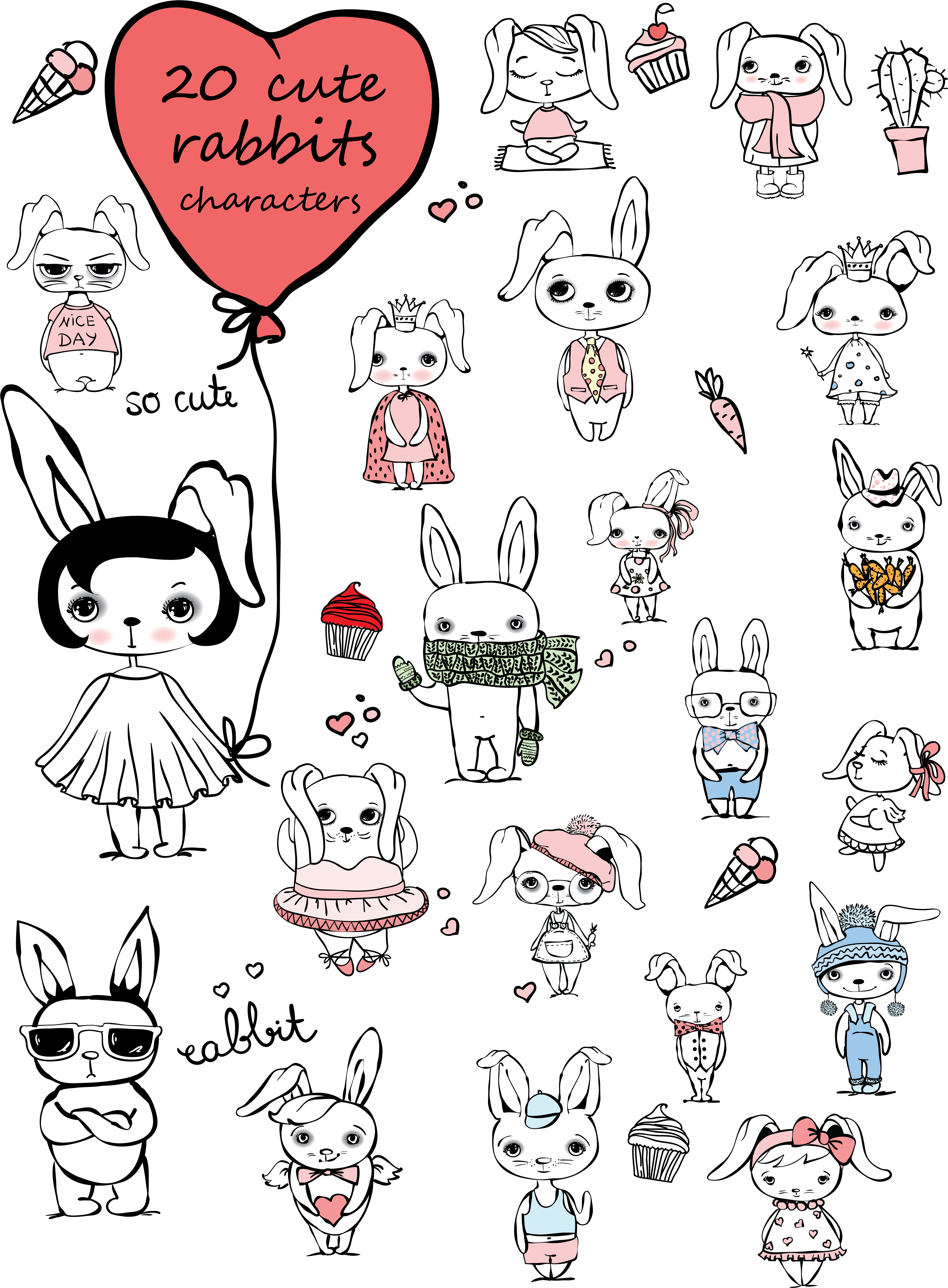 Library Cute Rabbit Characters Bunny (6250x8333), Png Download