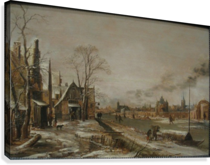 A Frozen River Canvas Print - A Village Scene In Winter With A Frozen River (429x337), Png Download