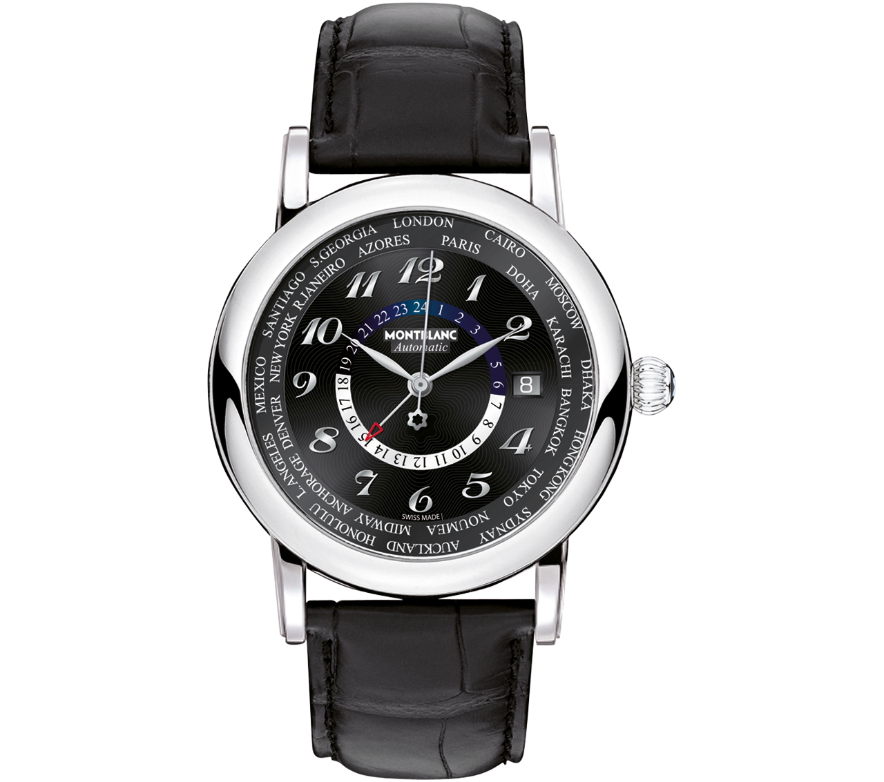 The Wristwatch Is Equipped With Two Different Time - Montblanc Star World-time Gmt 42 Black Dial 106464 (1280x1133), Png Download